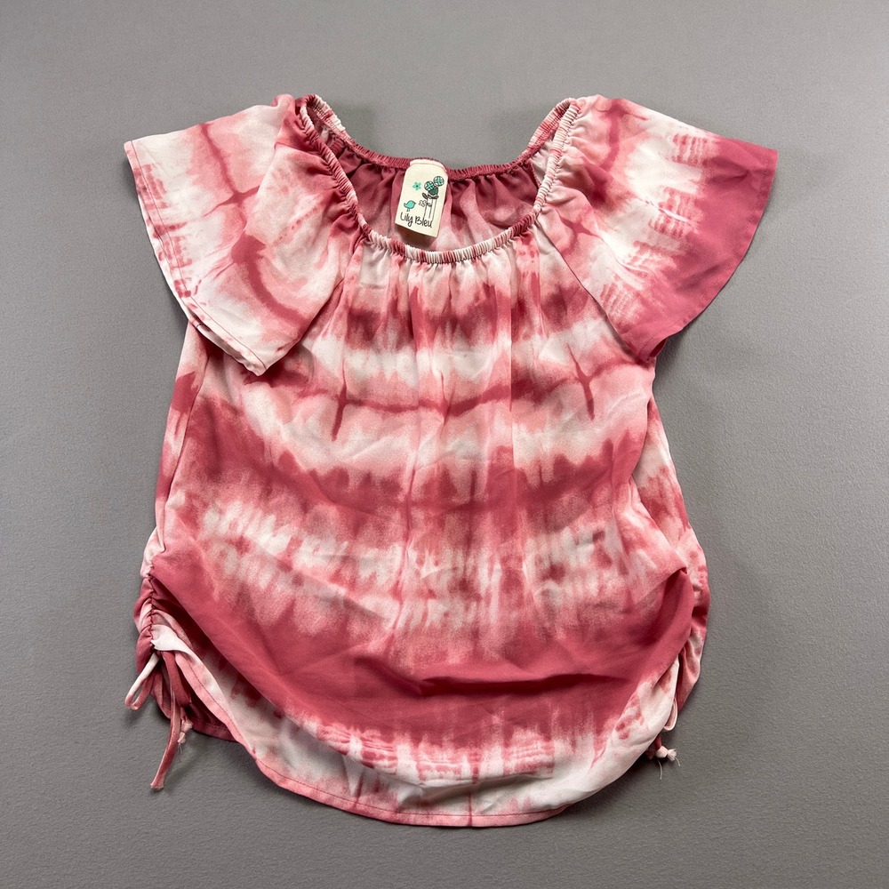 Lily Bleu Blouse Top Girls Large (14) Multicolor Tie Dye Ruched Tie Scoop Neck